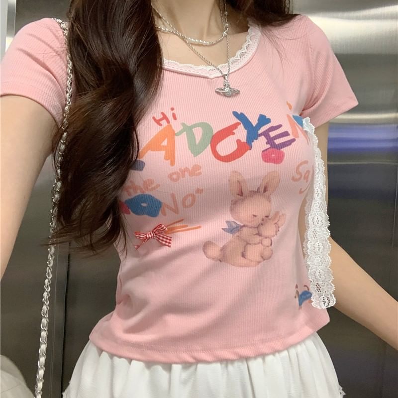 Tee Print Crop Crewneck Rabbit Short-Sleeve