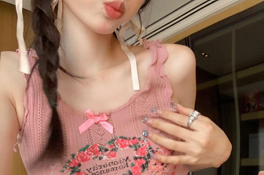 Top Crop Print Floral Lace Tank