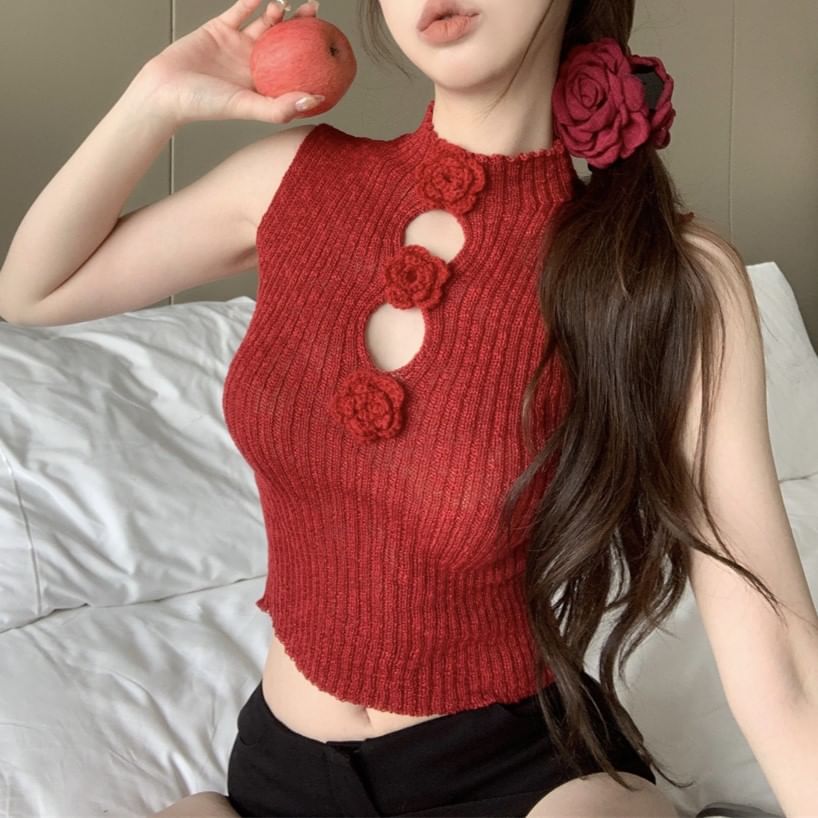 Top Knit Accent Neck Sleeveless Mock Floral Crop