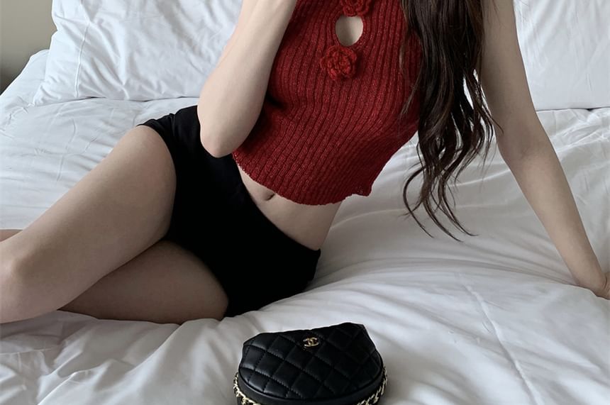 Top Knit Accent Neck Sleeveless Mock Floral Crop