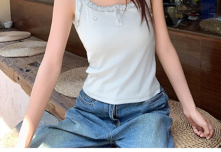 Top Frill Trim Tank Plain Crewneck