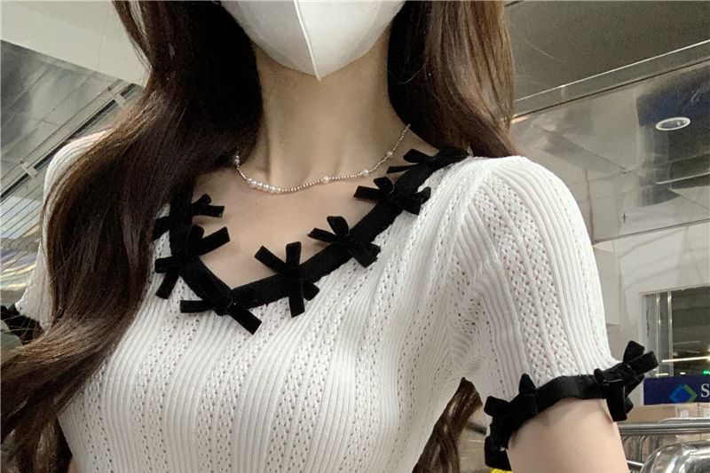 Knit Crop Plain Lace Top V-Neck Trim Short-Sleeve