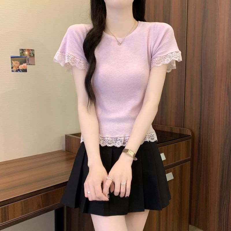 Plain Crewneck Trim Tee Short-Sleeve Lace