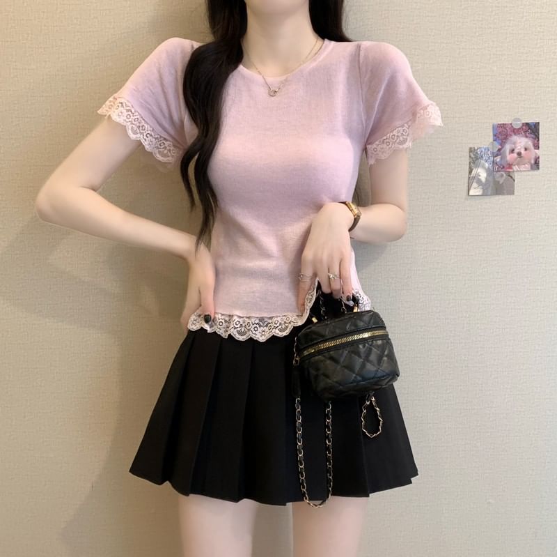 Plain Crewneck Trim Tee Short-Sleeve Lace