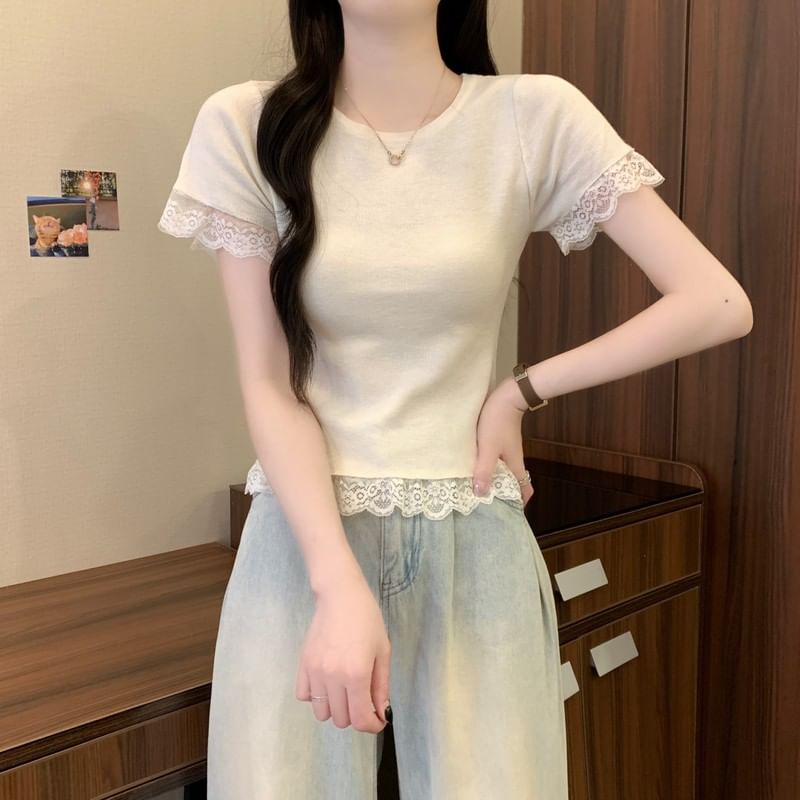 Plain Crewneck Trim Tee Short-Sleeve Lace