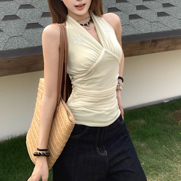 Crop V-Neck Top Rhinestone Sleeveless