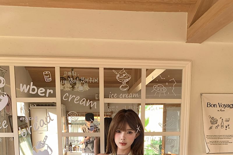 Crop V-Neck Top Rhinestone Sleeveless