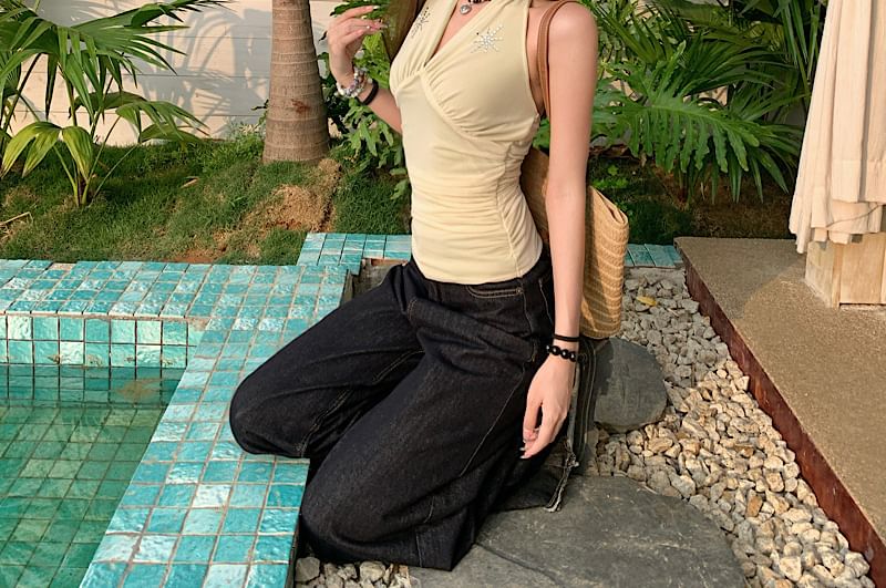 Crop V-Neck Top Rhinestone Sleeveless