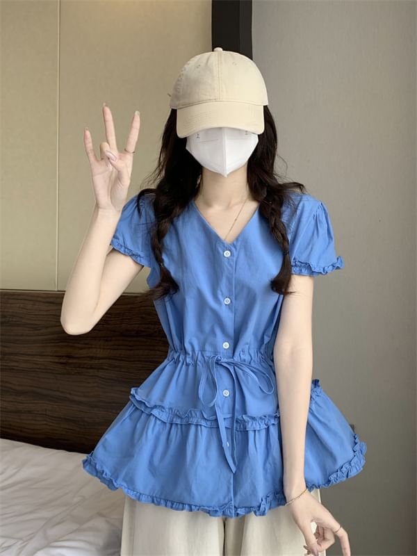 Shirt Frill Plain V-Neck Trim Short-Sleeve Flowy