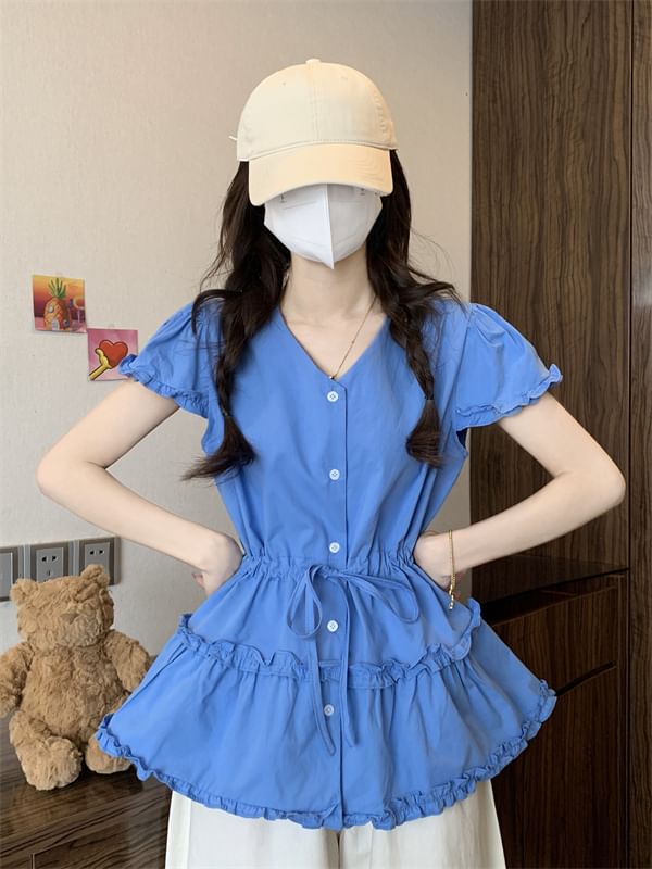 Shirt Frill Plain V-Neck Trim Short-Sleeve Flowy