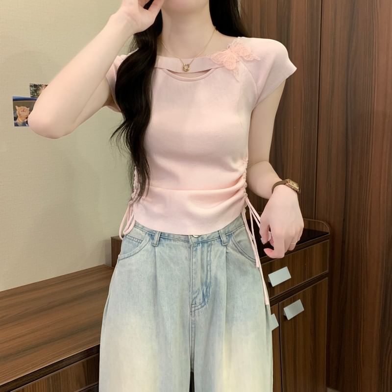 Accent Butterfly Tee Plain Short-Sleeve