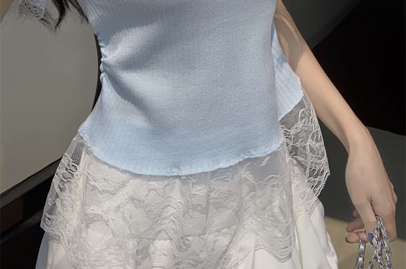 Short-Sleeve Knit Trim V-Neck Plain Lace Top
