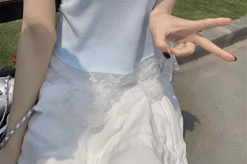 Short-Sleeve Knit Trim V-Neck Plain Lace Top