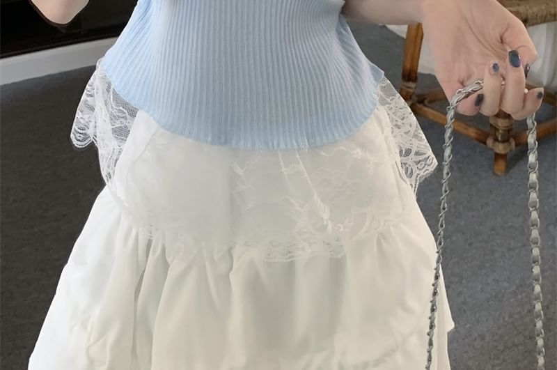 Short-Sleeve Knit Trim V-Neck Plain Lace Top