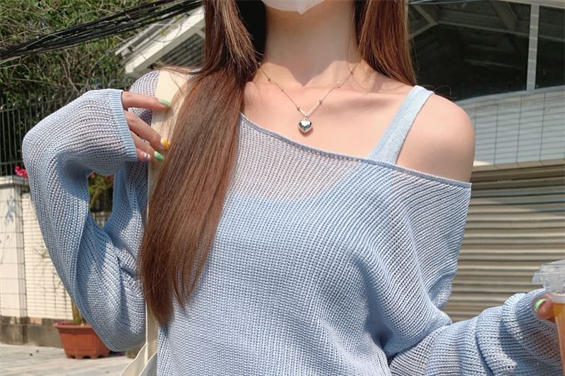 Top + Knit Sleeveless Set: Plain Long-Sleeve