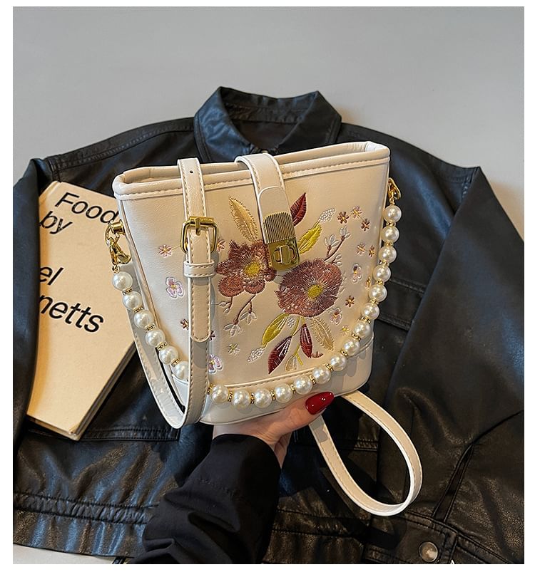 Pearl Faux Bucket Strap Embroidered Bag Floral
