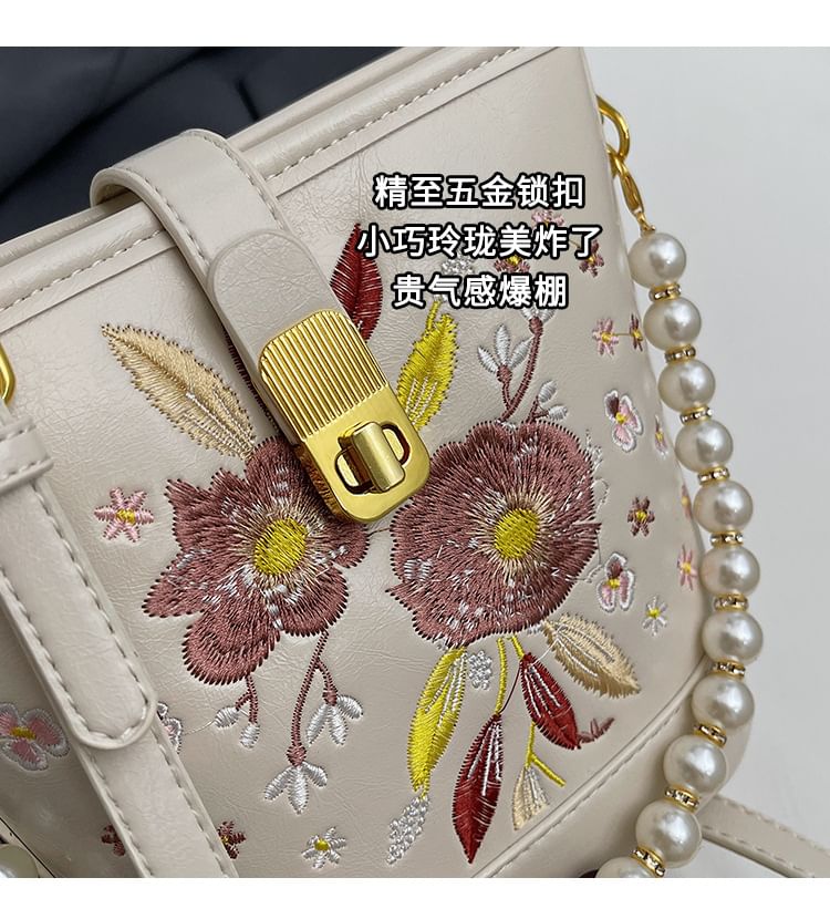 Pearl Faux Bucket Strap Embroidered Bag Floral