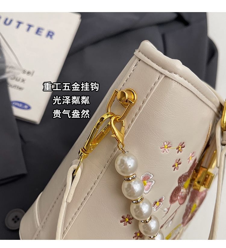 Pearl Faux Bucket Strap Embroidered Bag Floral