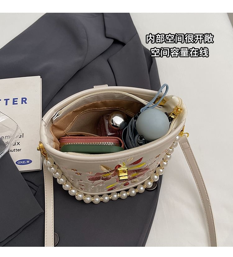 Pearl Faux Bucket Strap Embroidered Bag Floral