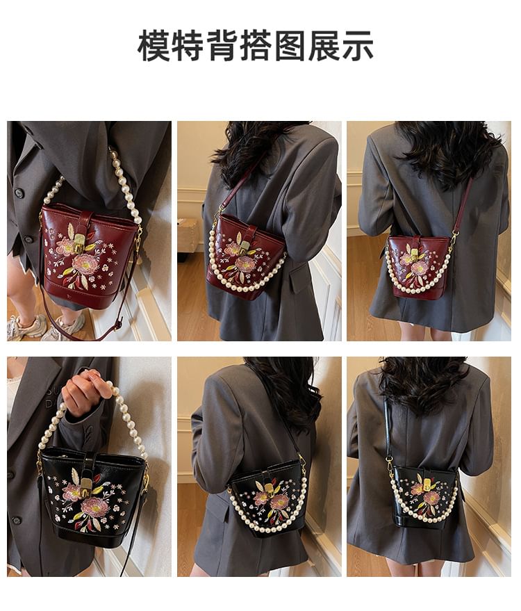 Pearl Faux Bucket Strap Embroidered Bag Floral