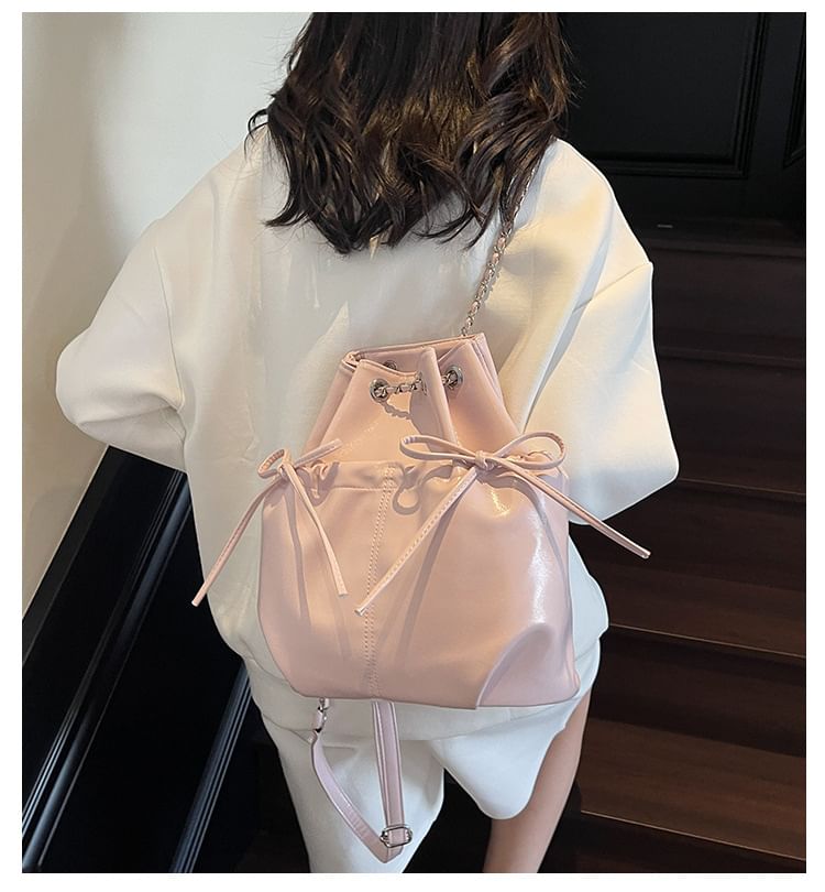 Leather Strap Faux Chain Plain Backpack Bow