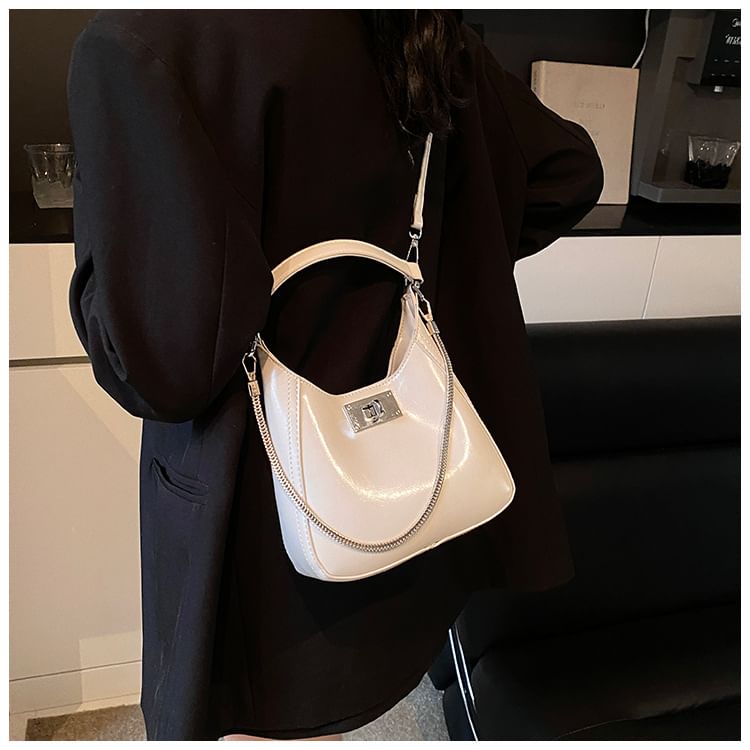 Leather Lock Crossbody Bag Top Handle Faux Twist