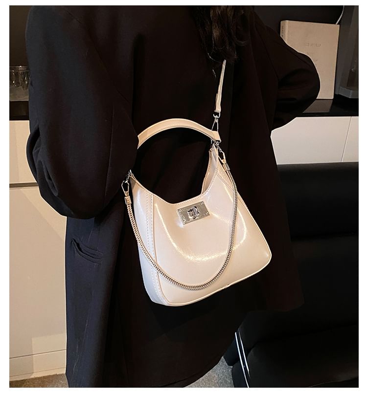 Leather Lock Crossbody Bag Top Handle Faux Twist