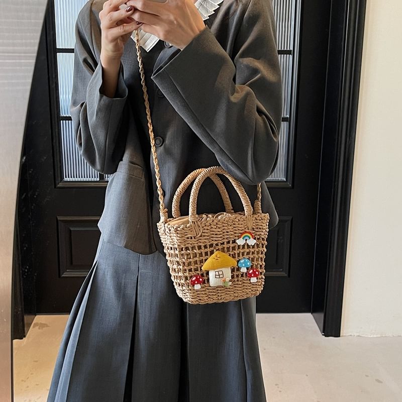 Straw Top Applique Bag Handle Mushroom Crossbody