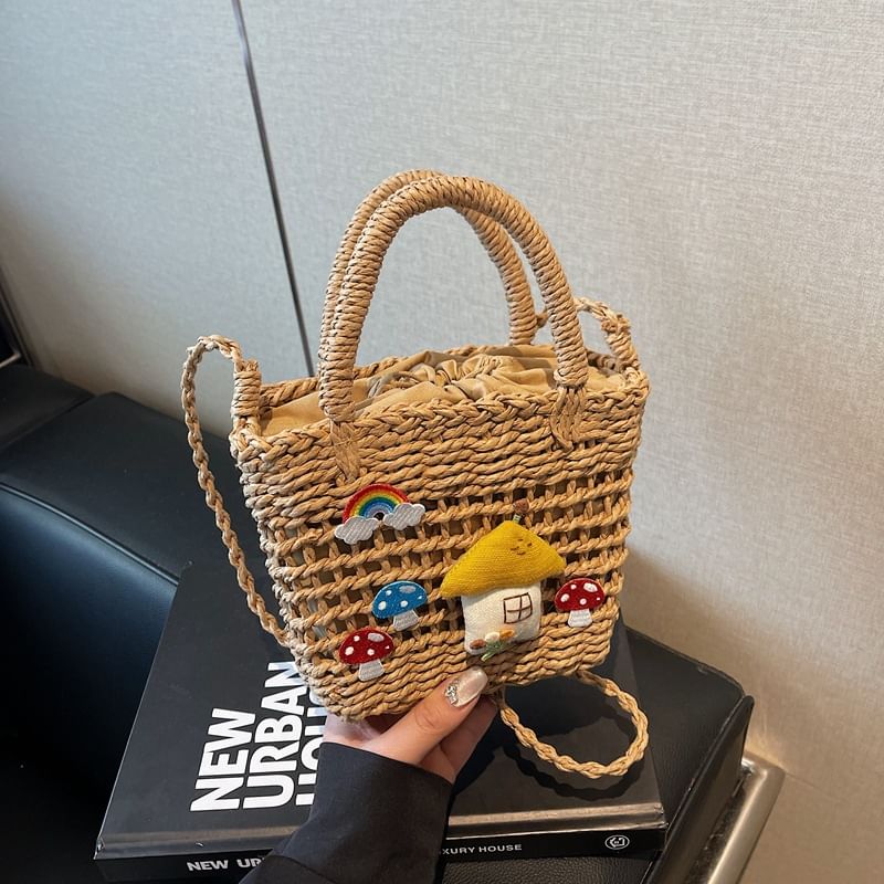 Straw Top Applique Bag Handle Mushroom Crossbody