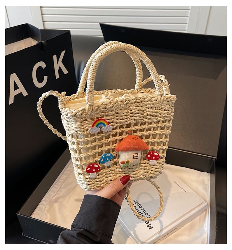 Straw Top Applique Bag Handle Mushroom Crossbody