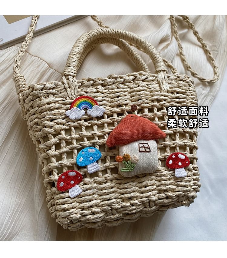 Straw Top Applique Bag Handle Mushroom Crossbody