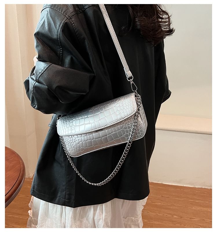 Leather Crossbody Strap Bag Faux Textured Flap Chain