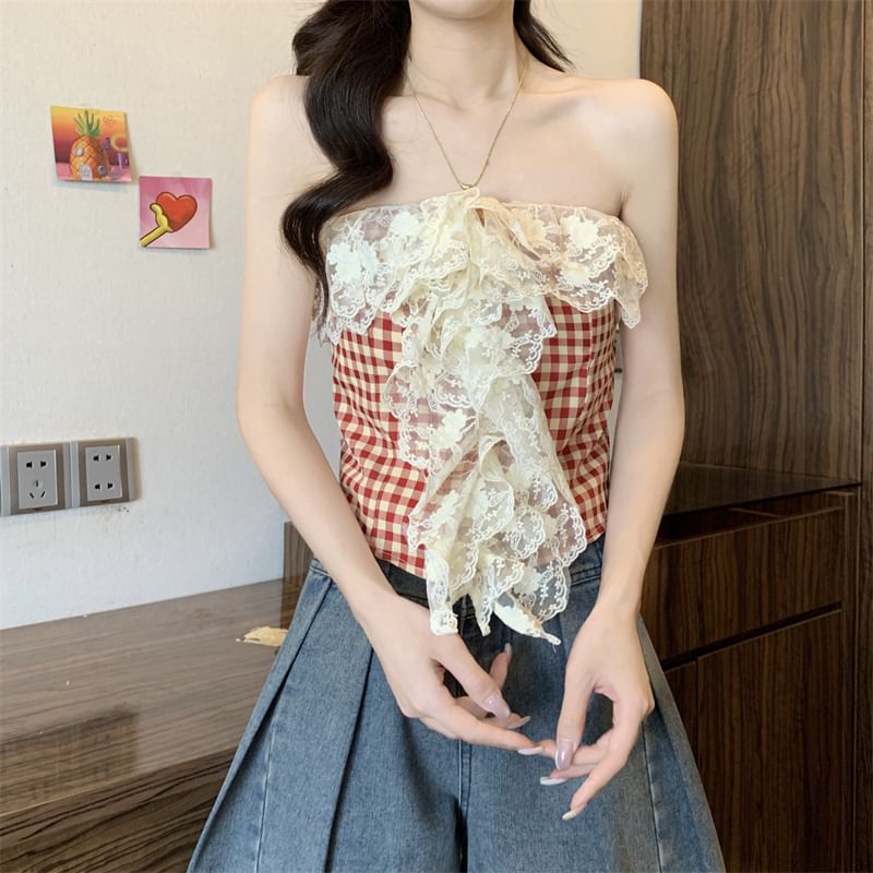 Gingham Lace Panel Tube Top Crop