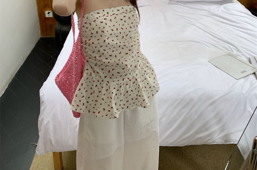 Print Tube Top Ruched Floral Ruffle Hem