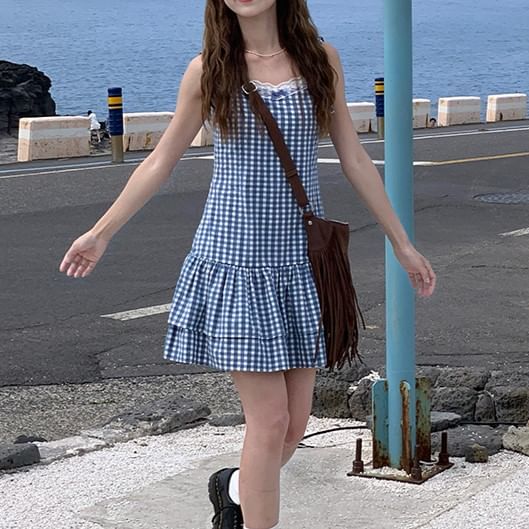 A-Line V-Neck Gingham Mini Spaghetti Strap Layered Dress Trim Lace