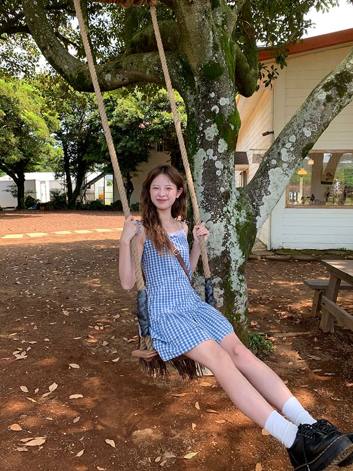 A-Line V-Neck Gingham Mini Spaghetti Strap Layered Dress Trim Lace