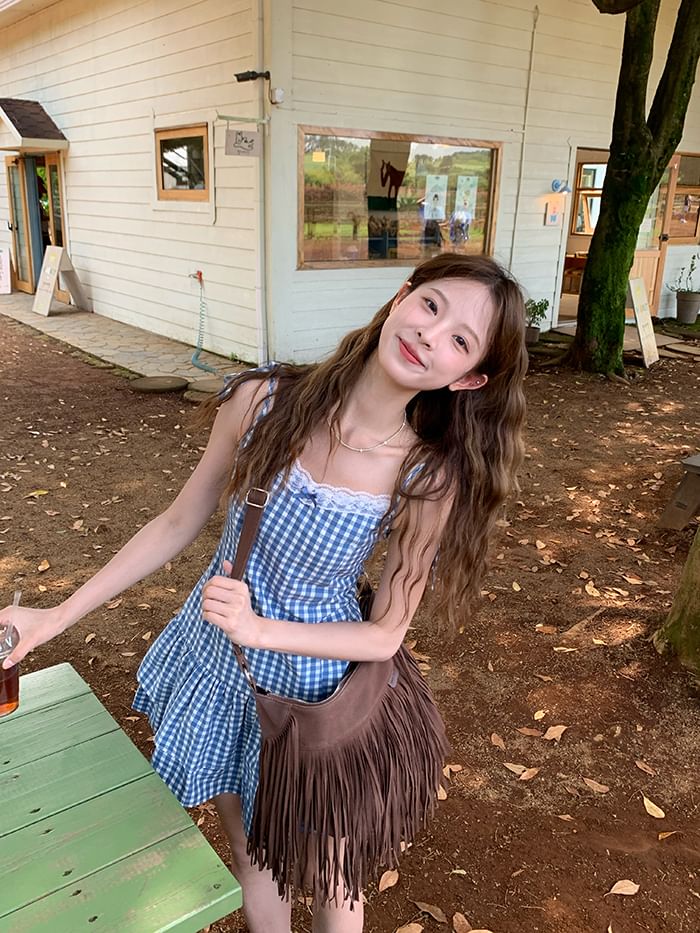 A-Line V-Neck Gingham Mini Spaghetti Strap Layered Dress Trim Lace