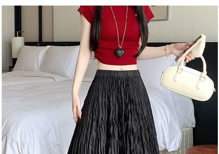 Waist Plain High Asymmetrical Crinkle Maxi Skirt A-Line