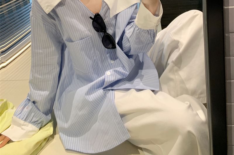 Button-Up Asymmetrical Striped Cold Long-Sleeve Shoulder Blouse