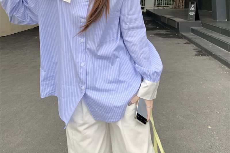 Button-Up Asymmetrical Striped Cold Long-Sleeve Shoulder Blouse