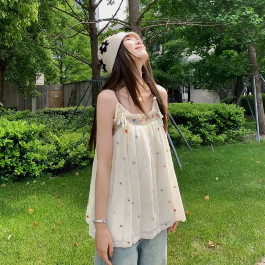 Embroidered Top Trim Accent Flowy Camisole Frill Bow