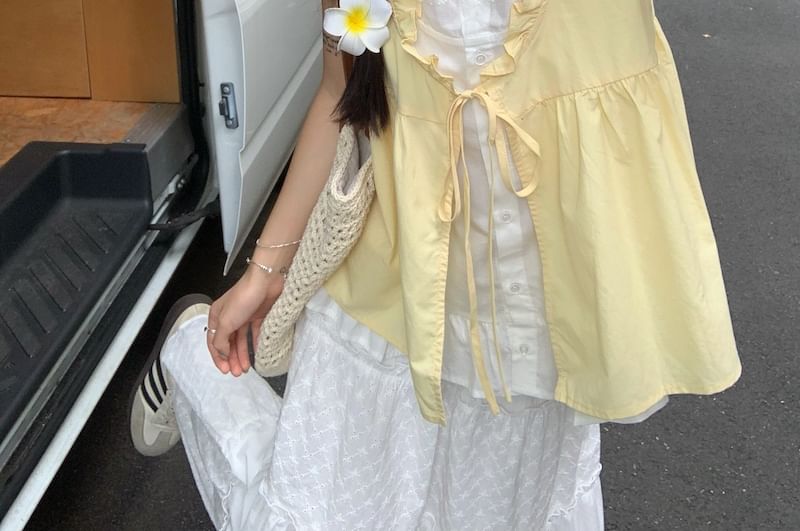 Mock Tone Tie Frill Blouse Front Two Two-Piece Trim Sleeveless