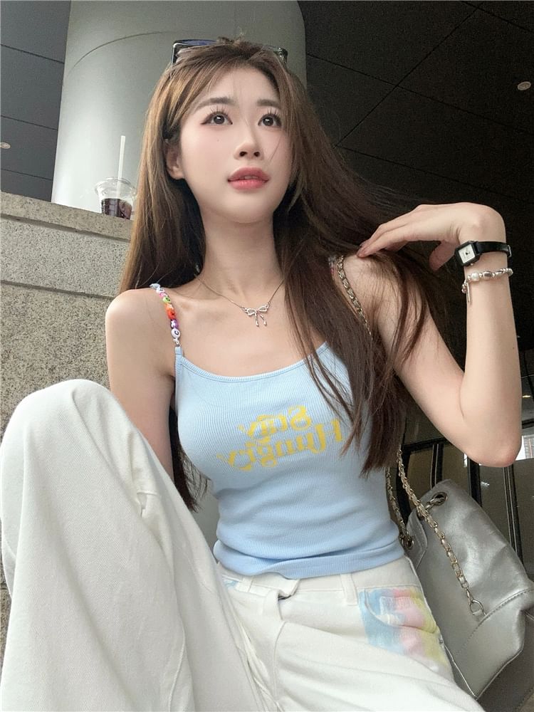 Beaded Neck Cami Scoop Crop Print Lettering Top