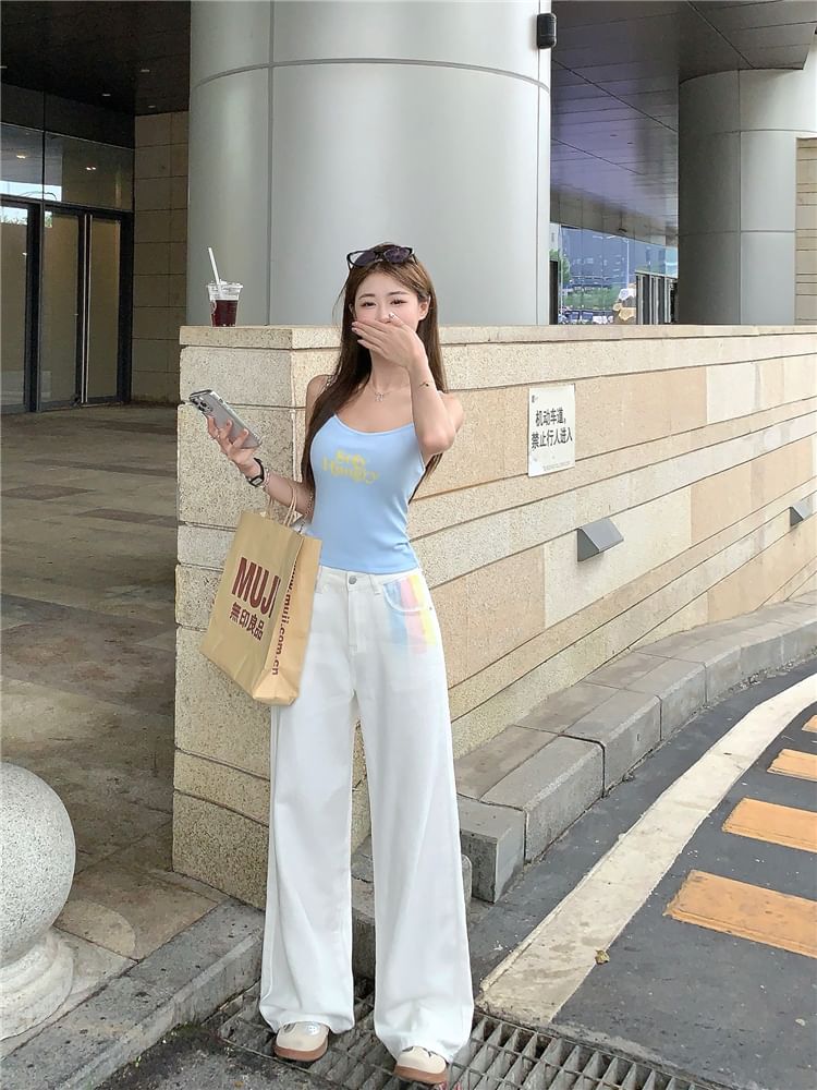 Beaded Neck Cami Scoop Crop Print Lettering Top