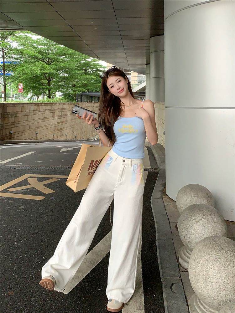 Beaded Neck Cami Scoop Crop Print Lettering Top