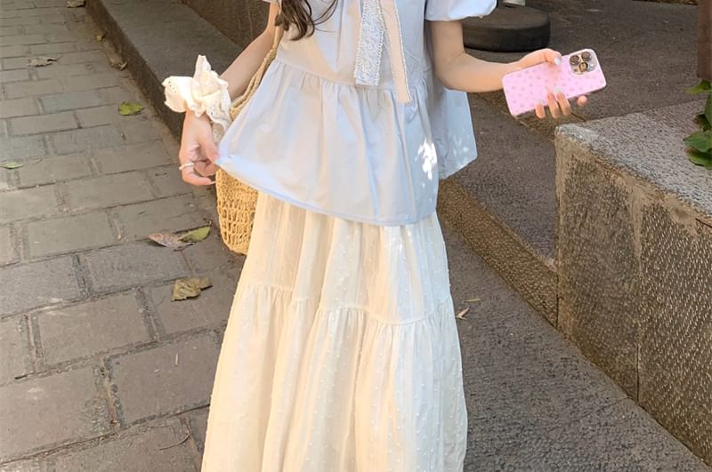 Trim Crew Blouse Lace Bow Accent Neck Puff-Sleeve