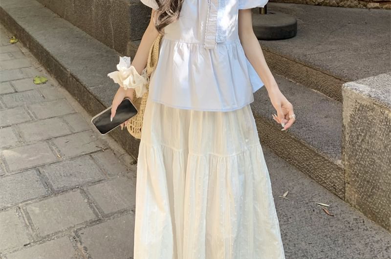 Trim Crew Blouse Lace Bow Accent Neck Puff-Sleeve