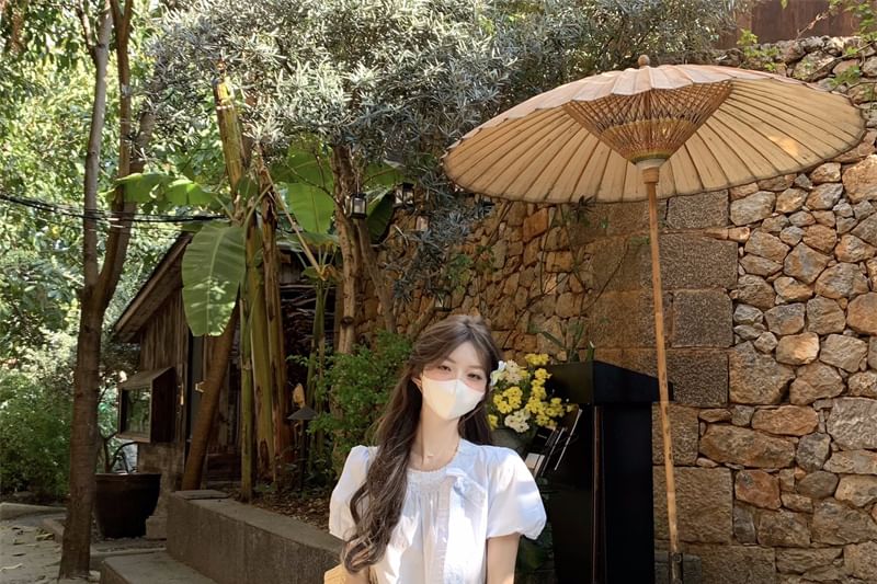 Trim Crew Blouse Lace Bow Accent Neck Puff-Sleeve