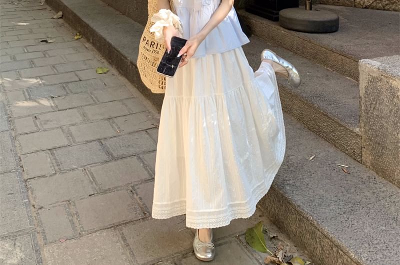 Trim Crew Blouse Lace Bow Accent Neck Puff-Sleeve