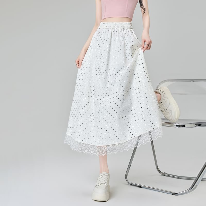 Midi Lace Panel Dotted High A-Line Skirt Waist